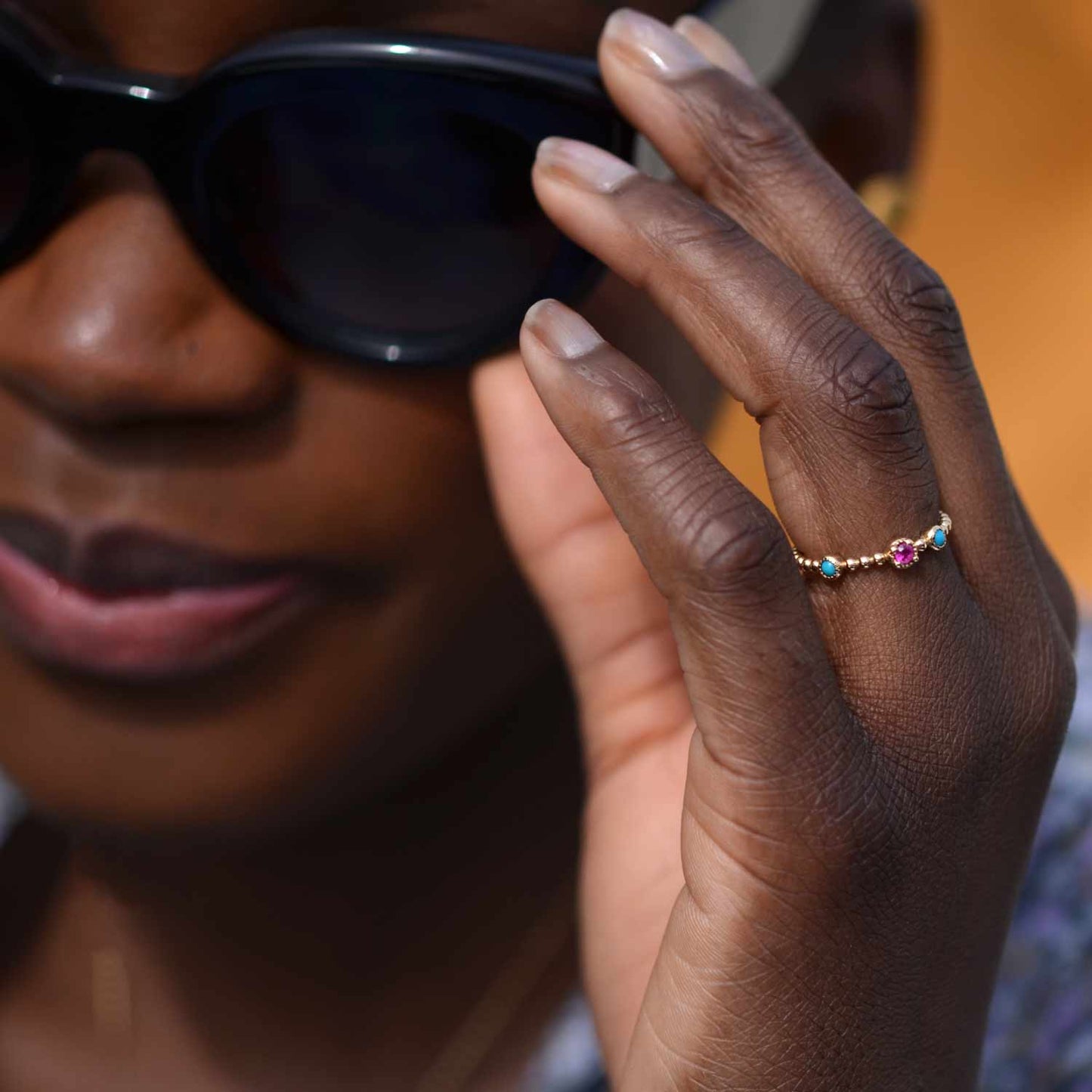 Bague fine Mélissa, Saphir rose & Turquoises